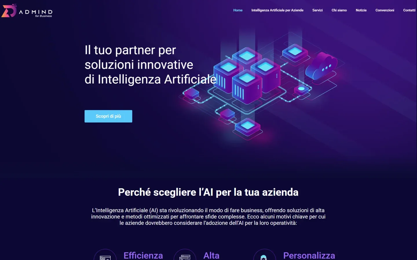 Topo do site da AdMind em italiano, com o logotipo Admind for Business, o menu com Intelligenza Artificiale per Aziende, Servizi, Chi siamo, Notizie, Convenzioni e Contatti, o título Il tuo partner per soluzioni innovative di Intelligenza Artificiale e uma ilustração isométrica de servidores em roxo e ciano.