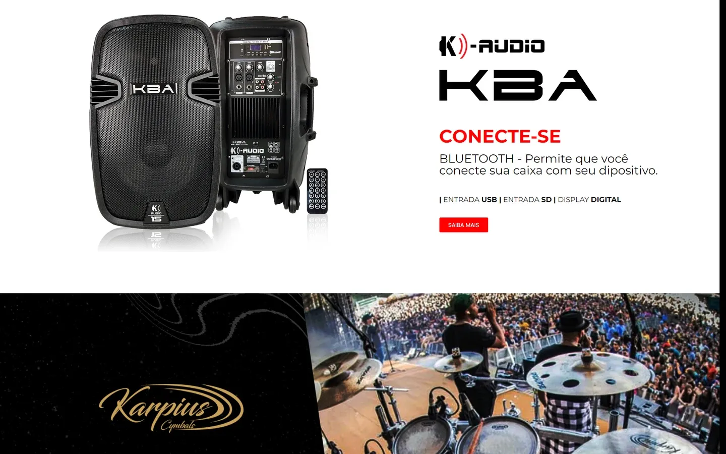 Faixa da K-Audio com a caixa de som KBA de frente e de costas, o controle remoto e os recursos Bluetooth, entrada USB, entrada SD e display digital.