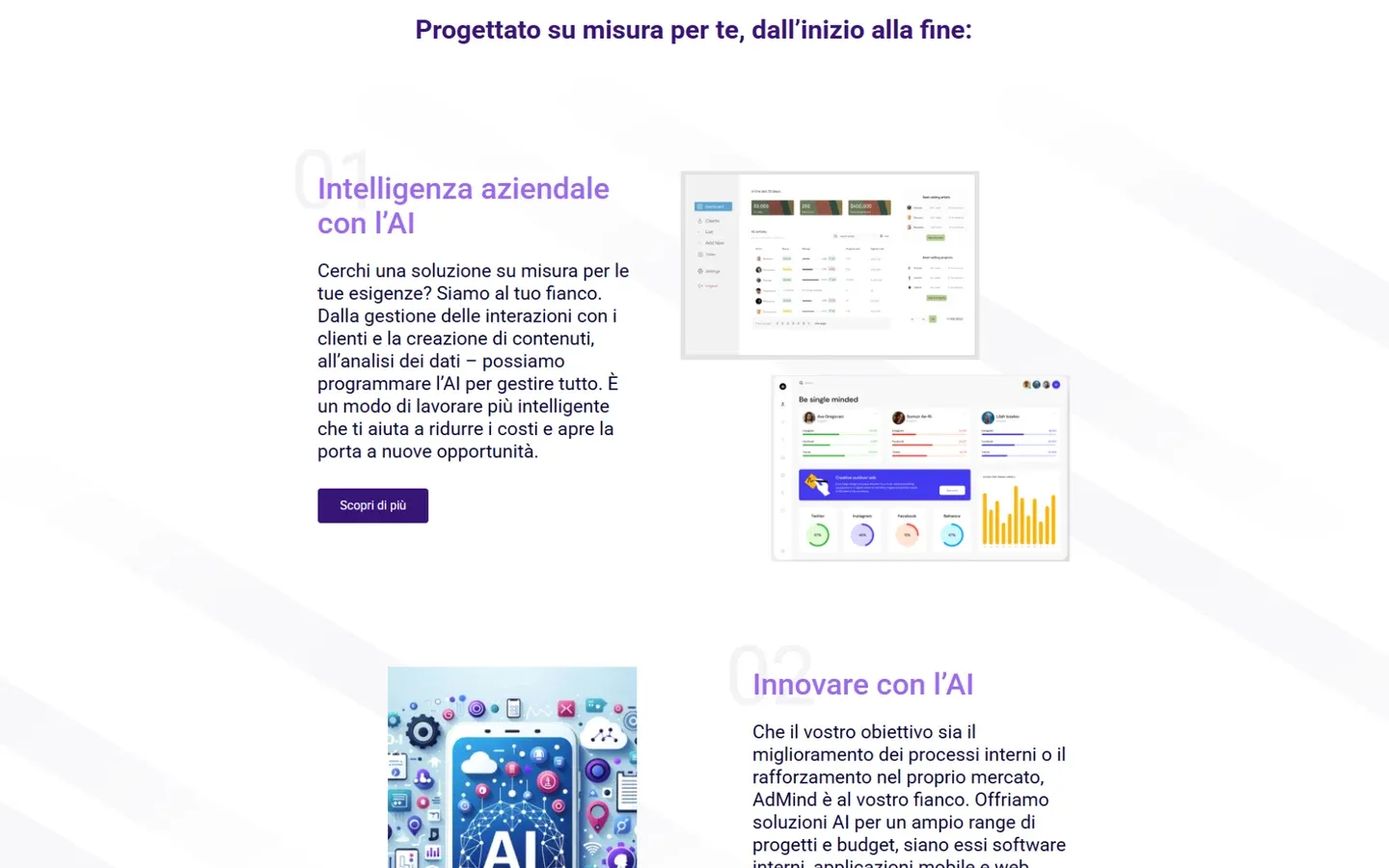Seção Progettato su misura per te, com o bloco 01, Intelligenza aziendale con l'AI, o texto em italiano, o botão Scopri di più e duas capturas de painéis com tabelas e gráficos.