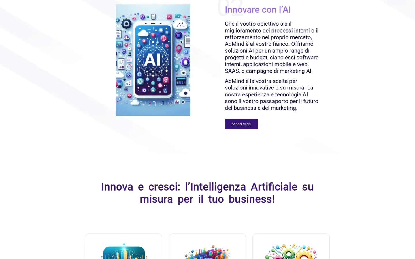 Bloco 02, Innovare con l'AI, com a ilustração de um celular cercado de ícones de IA e o texto sobre software interno, aplicativos, SaaS e campanhas de marketing com IA.