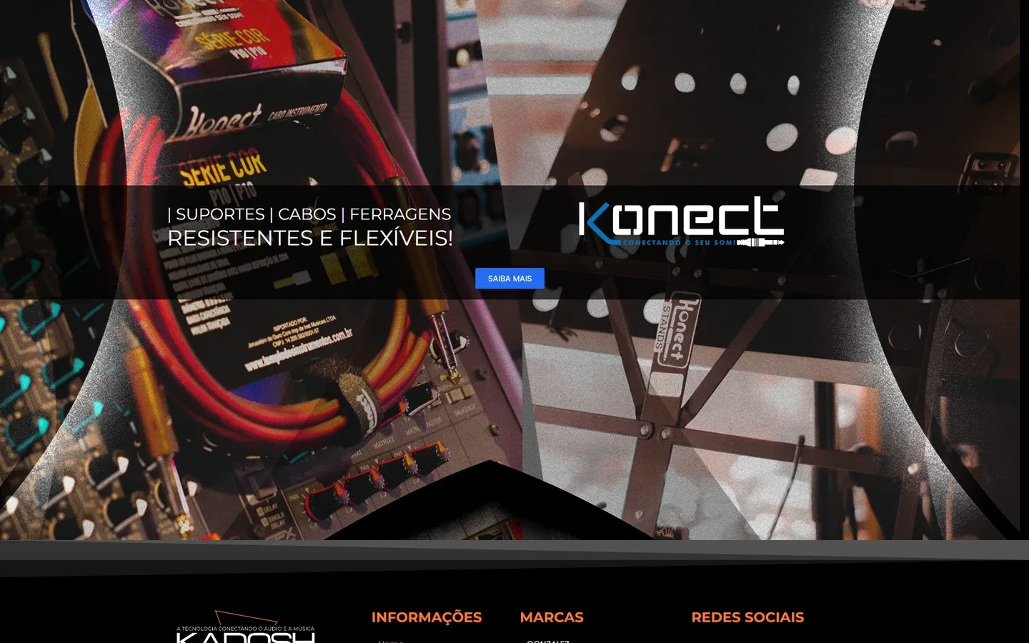 Faixa da Konect com suportes, cabos e ferragens sobre fotos de cabos e estantes, e o começo do rodapé com Informações, Marcas e Redes sociais.