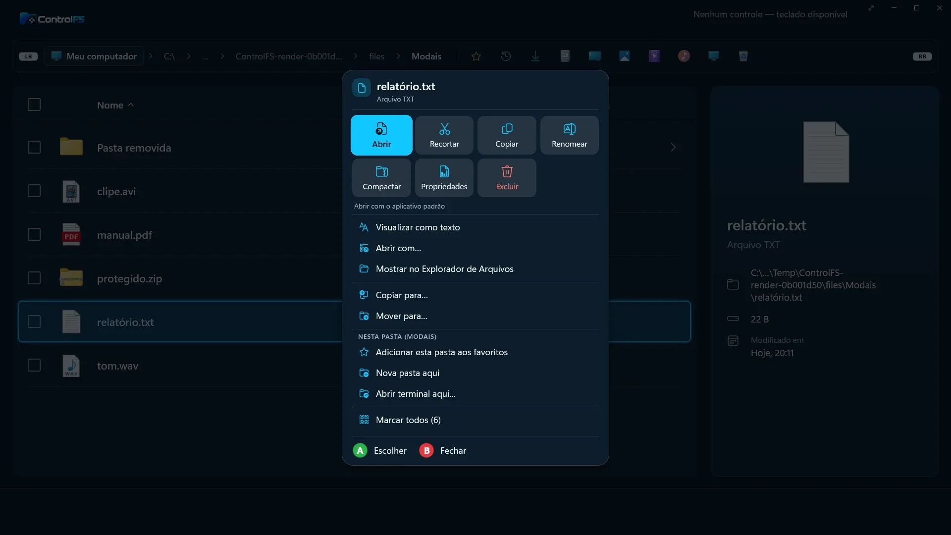 Menu de ações de um arquivo de texto no ControlFS, com blocos grandes para abrir, recortar, copiar, renomear, compactar, ver propriedades e excluir, e as ações da pasta logo abaixo.