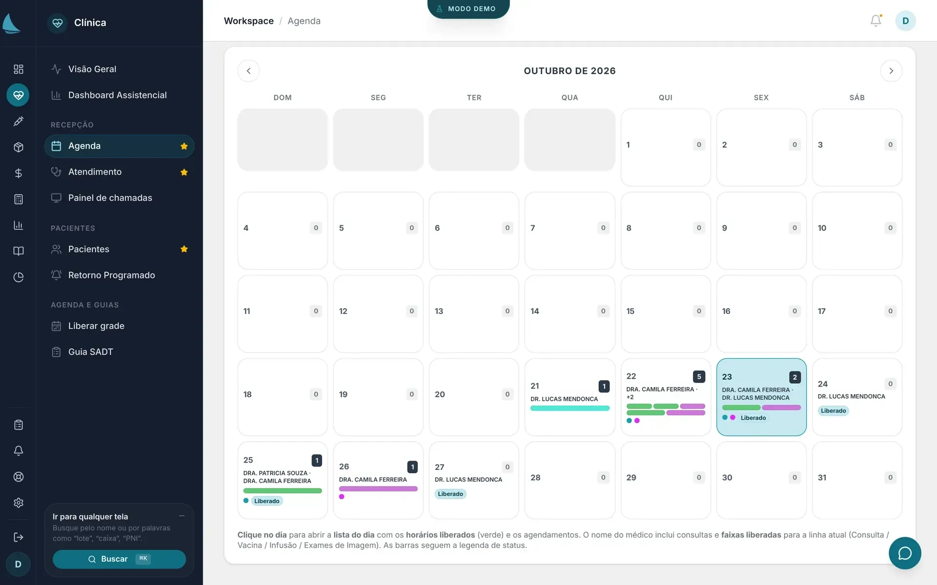 Agenda de outubro na ALYX, com os dias liberados por médico, a contagem de agendamentos em cada dia e barras coloridas por status.