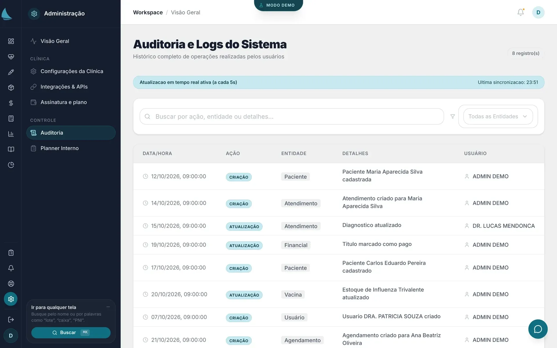 Tela Auditoria e Logs do Sistema na demo da ALYX, com o aviso de atualização em tempo real a cada 5 segundos e a lista de operações com data e hora, ação, entidade, detalhes e usuário.