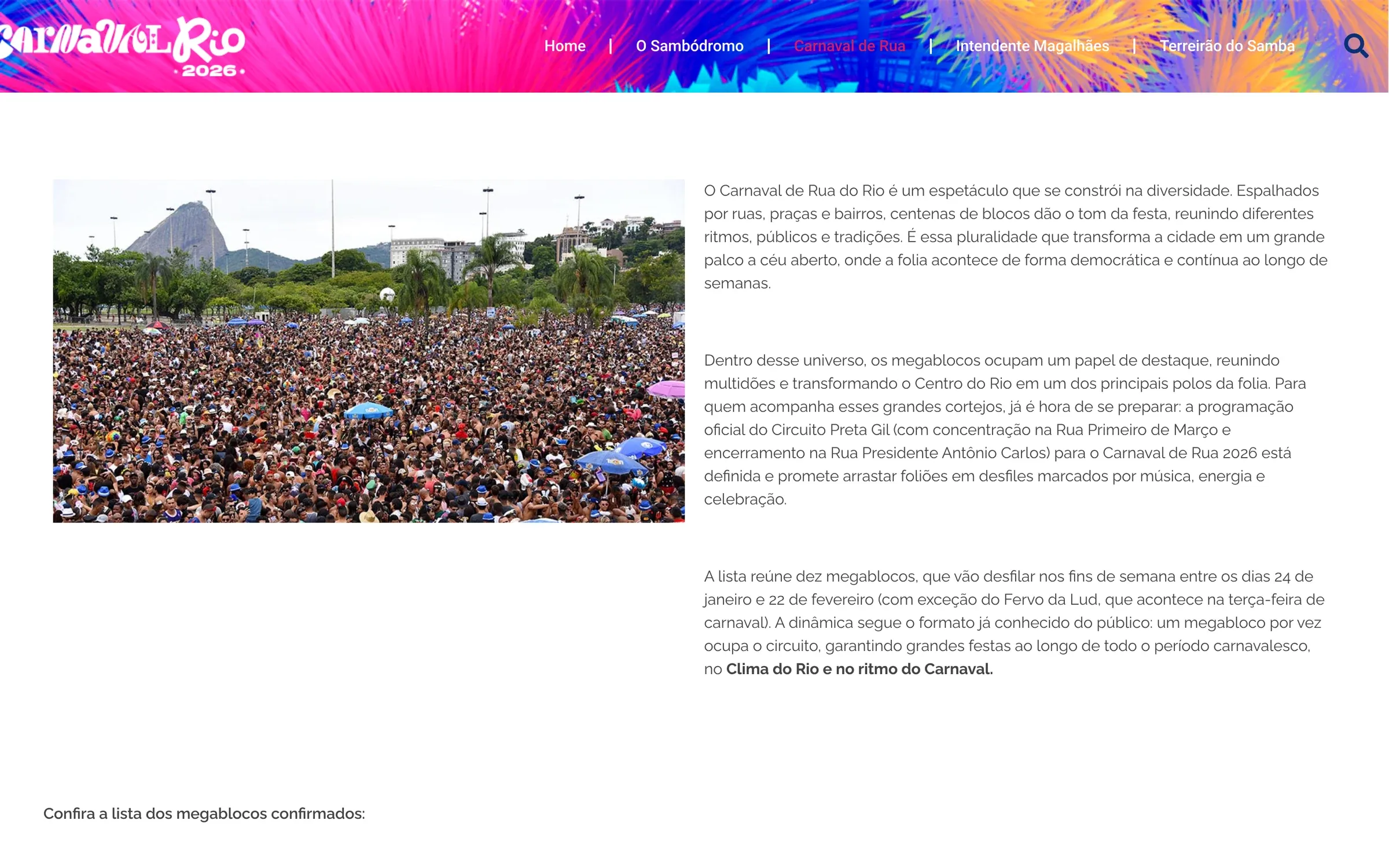 Página Carnaval de Rua, com a foto de uma multidão num bloco com o Pão de Açúcar ao fundo e o texto sobre os megablocos do Circuito Preta Gil no Carnaval de Rua 2026.