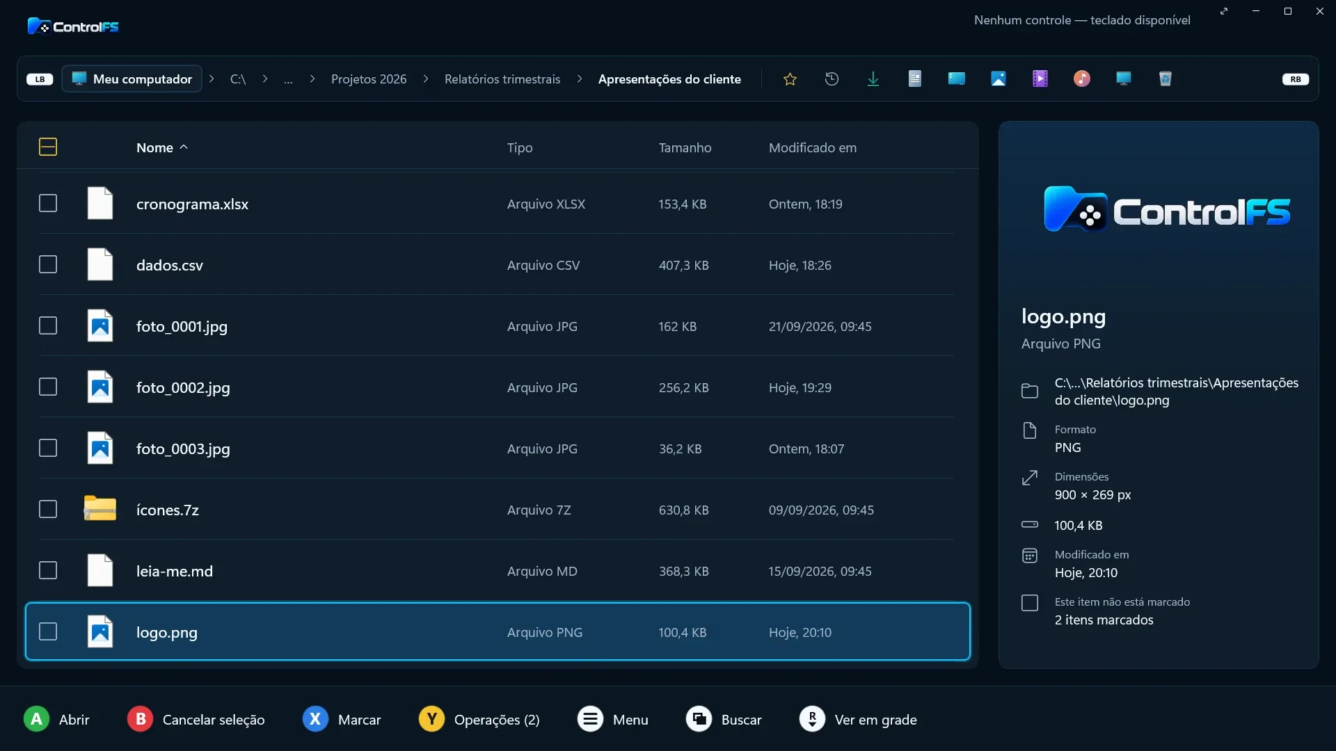 Lista de arquivos do ControlFS com o arquivo logo.png em foco, o painel de detalhes mostrando a prévia da imagem e, no rodapé, as ações ligadas aos botões A, B, X e Y do controle.