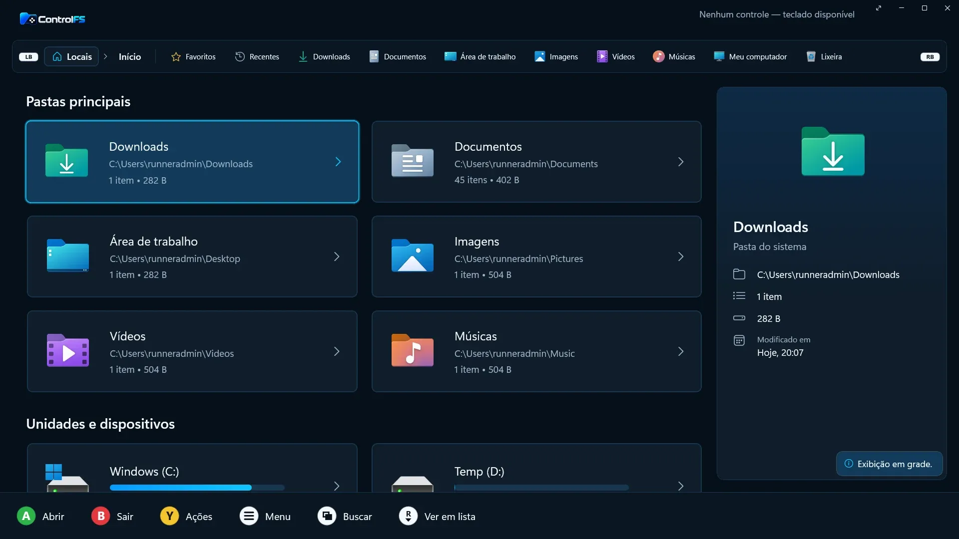 Tela inicial do ControlFS no tema escuro, com as pastas principais em grade, a pasta Downloads em foco, o painel de detalhes à direita e as ações do controle no rodapé.