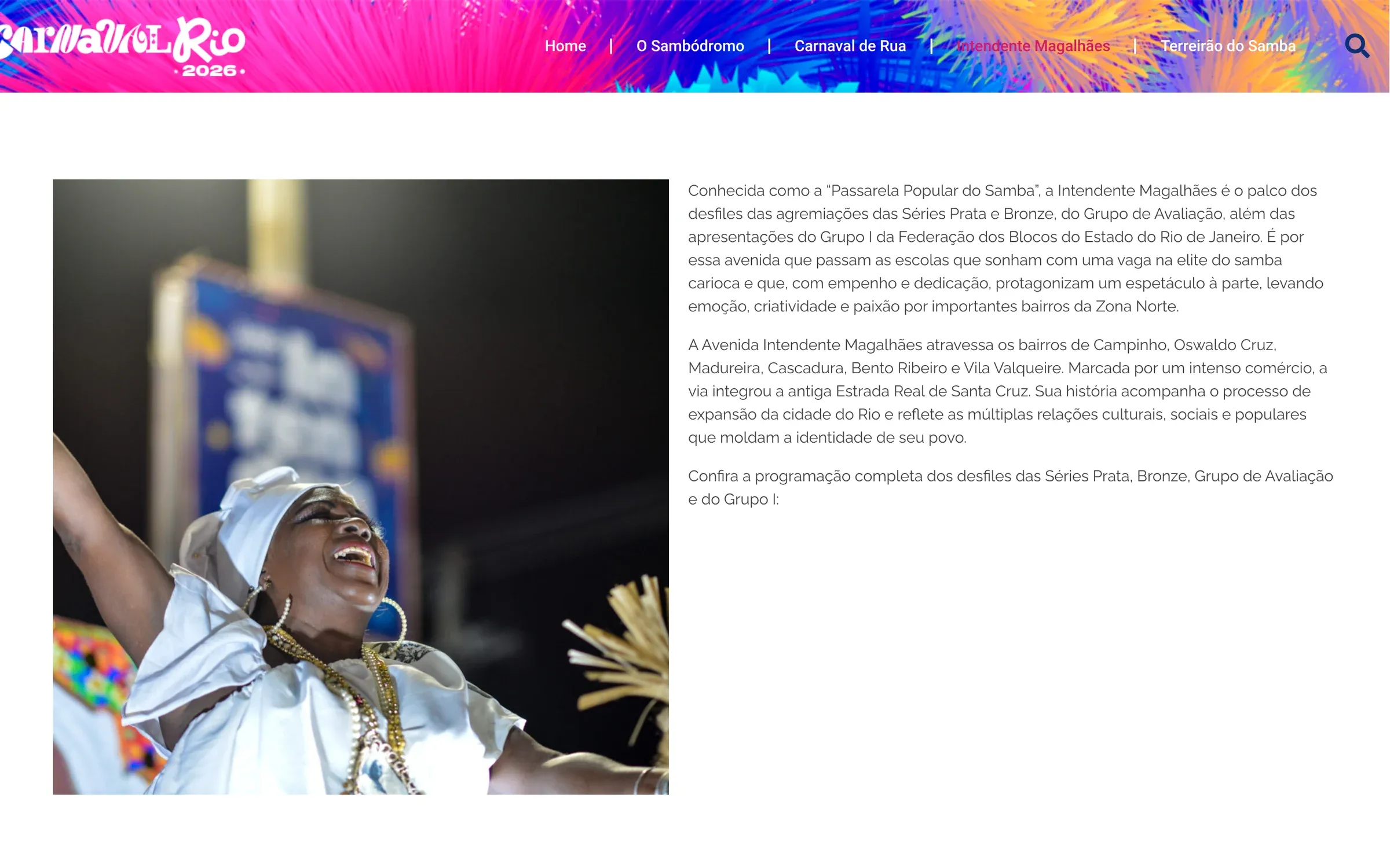 Página da Intendente Magalhães, com a foto de uma baiana em desfile e o texto sobre a Passarela Popular do Samba, palco das Séries Prata e Bronze.