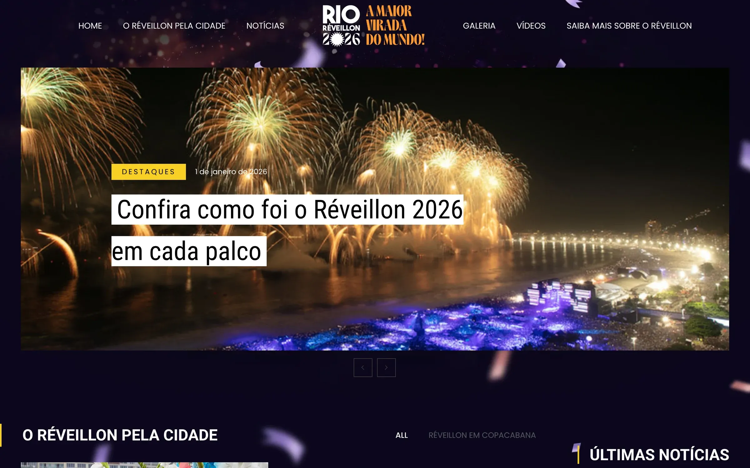 Home do Réveillon.Rio na edição 2026, com o logotipo Rio Réveillon 2026 e a frase A maior virada do mundo, o menu do portal e o destaque Confira como foi o Réveillon 2026 em cada palco sobre a foto dos fogos na orla de Copacabana.
