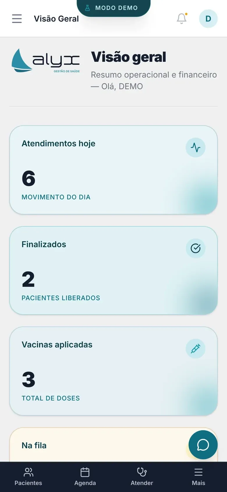 Visão geral da ALYX no celular, com atendimentos do dia, pacientes liberados e vacinas aplicadas, e a barra inferior com Pacientes, Agenda, Atender e Mais.