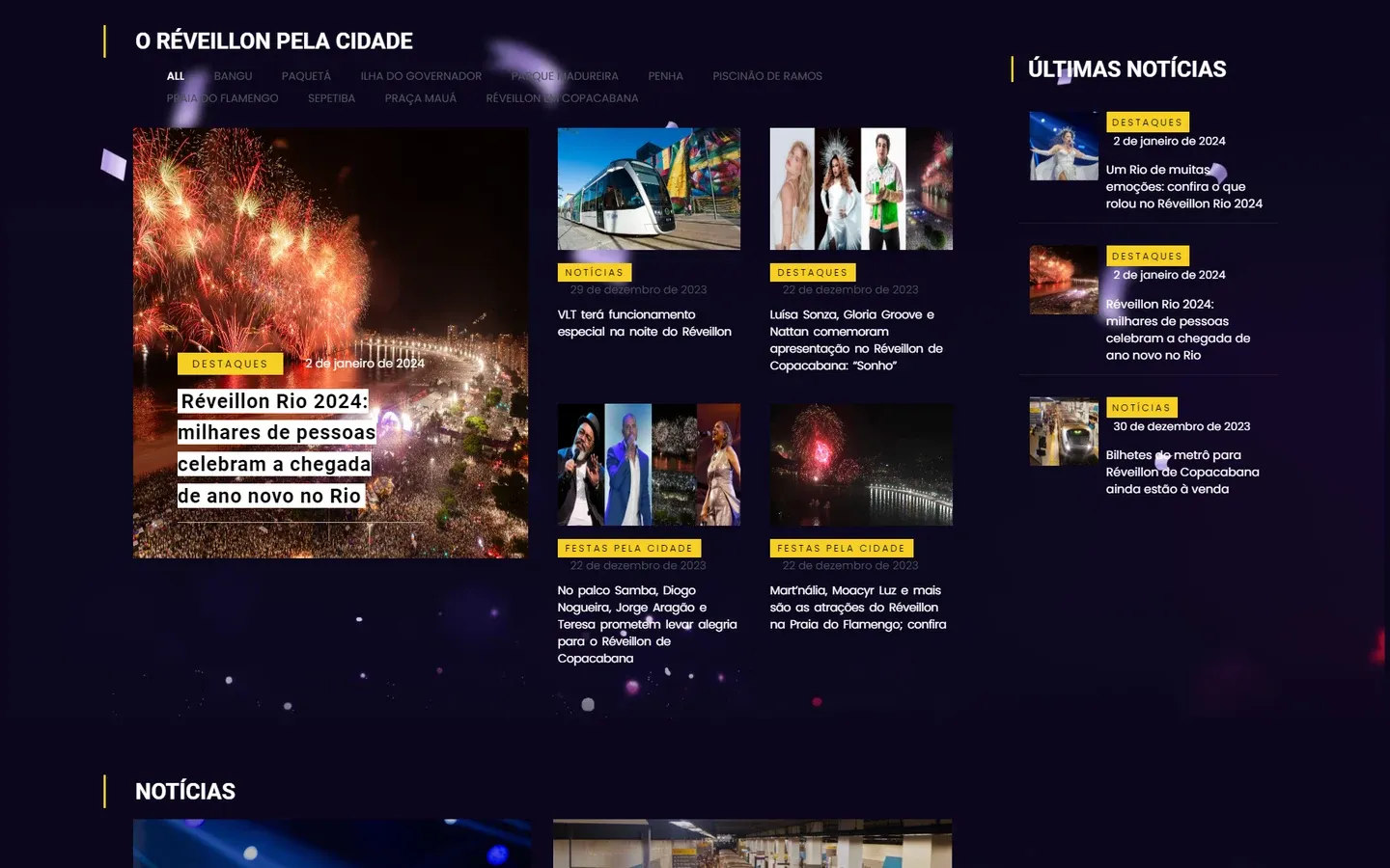 Seção O Réveillon pela cidade, com o filtro por local (Bangu, Paquetá, Ilha do Governador, Parque Madureira, Penha, Piscinão de Ramos, Praia do Flamengo, Sepetiba, Praça Mauá e Copacabana), cards com as atrações de cada festa e a coluna de últimas notícias.