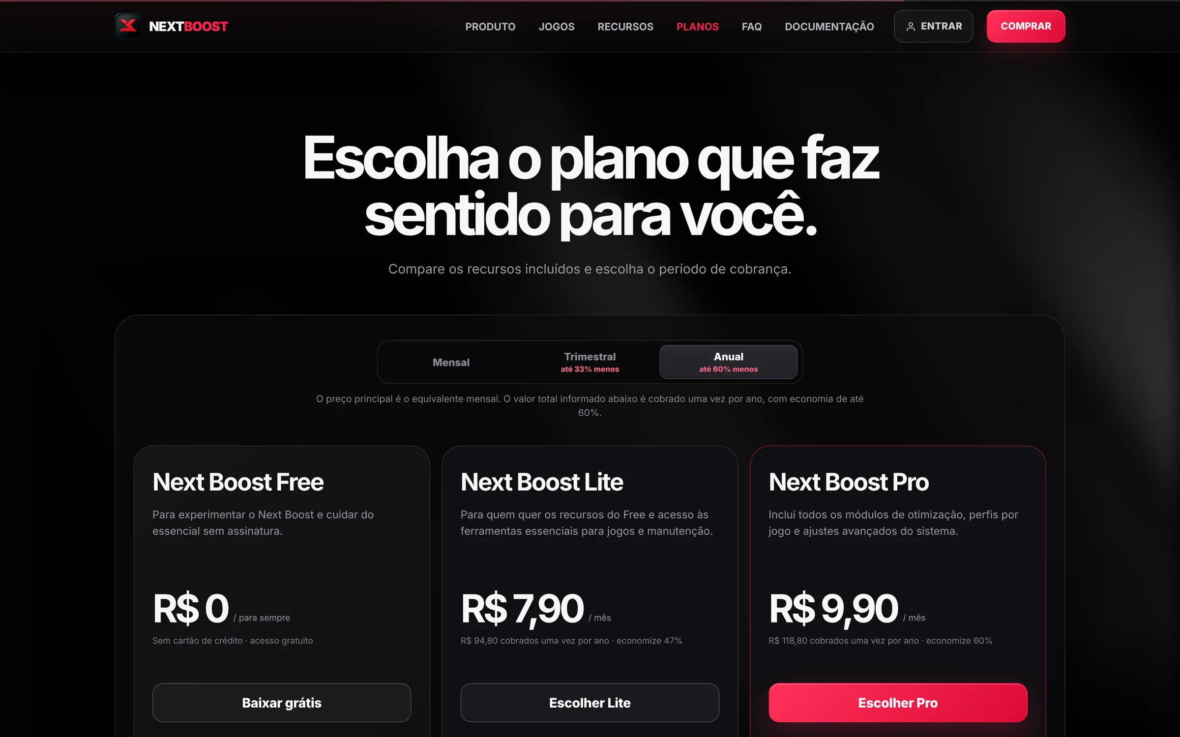 Página de planos do Next Boost com os planos Free, Lite e Pro lado a lado e a escolha entre cobrança mensal, trimestral e anual.