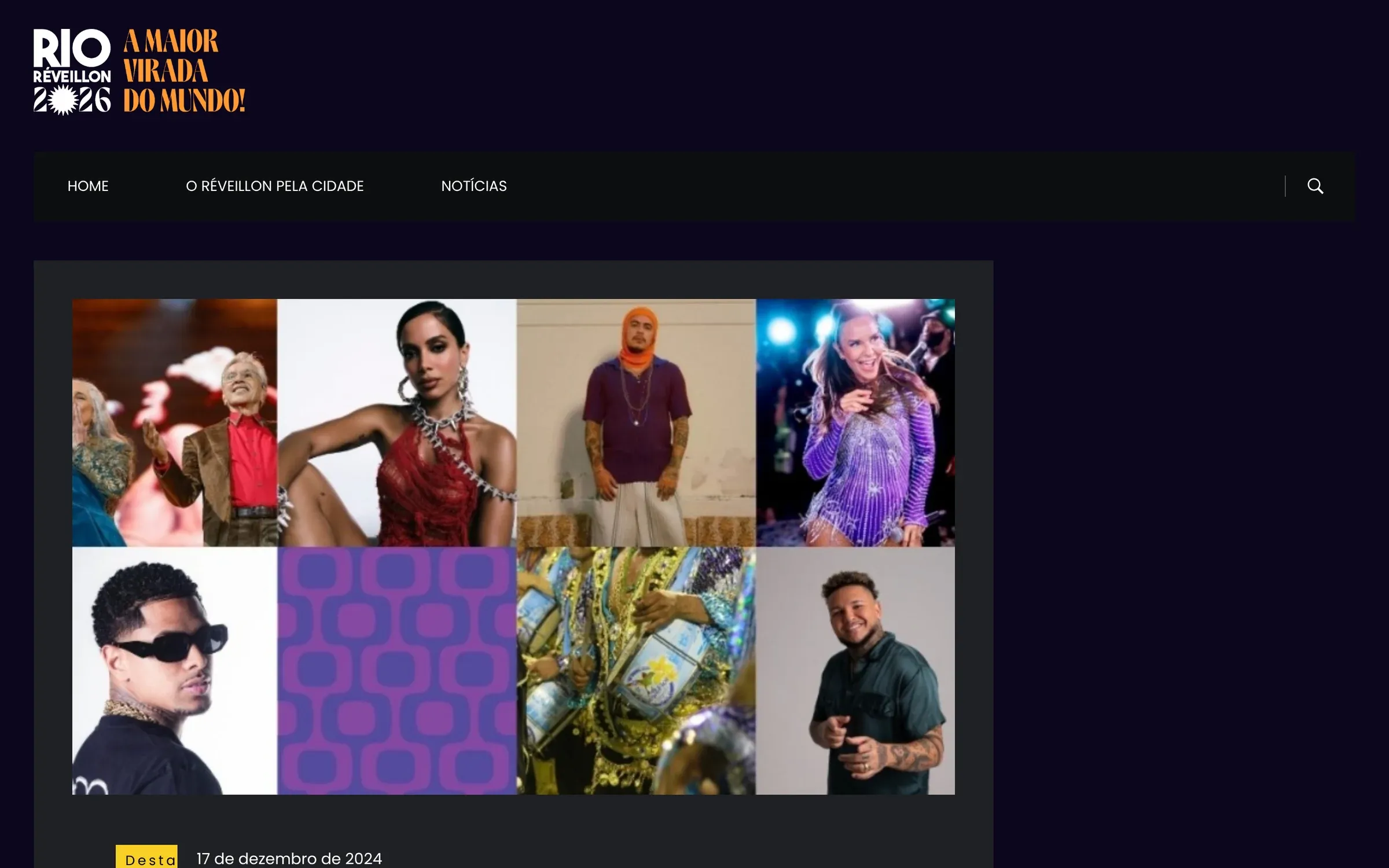 Notícia no layout da edição 2026, com o logotipo Rio Réveillon 2026, o menu com busca e uma colagem de fotos de artistas, publicada em 17 de dezembro de 2024.