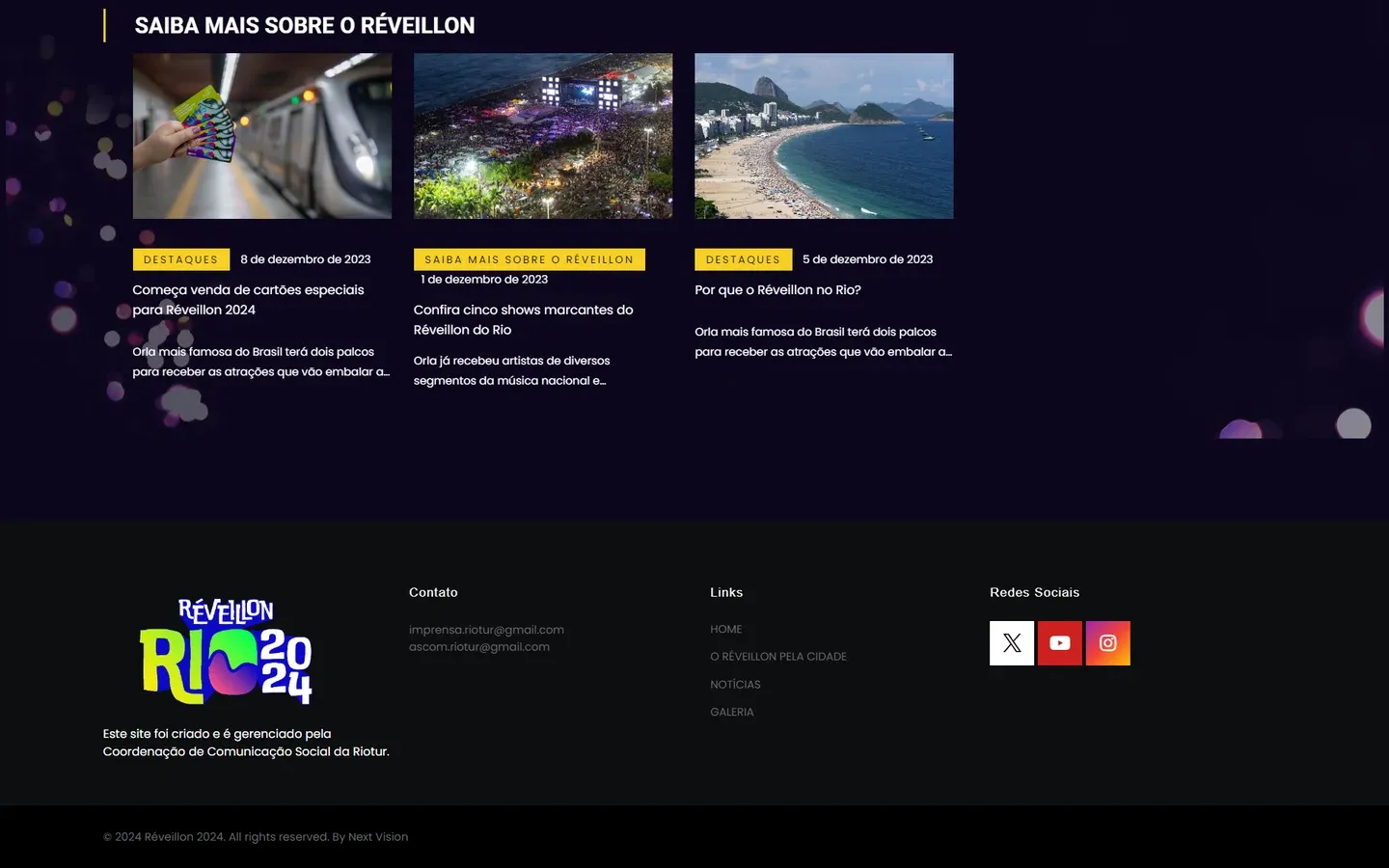 Fim da home da edição 2024, com a seção Saiba mais sobre o Réveillon e o rodapé com os e-mails de imprensa da Riotur, a nota de que o site é gerenciado pela Coordenação de Comunicação Social da Riotur e a linha By Next Vision.