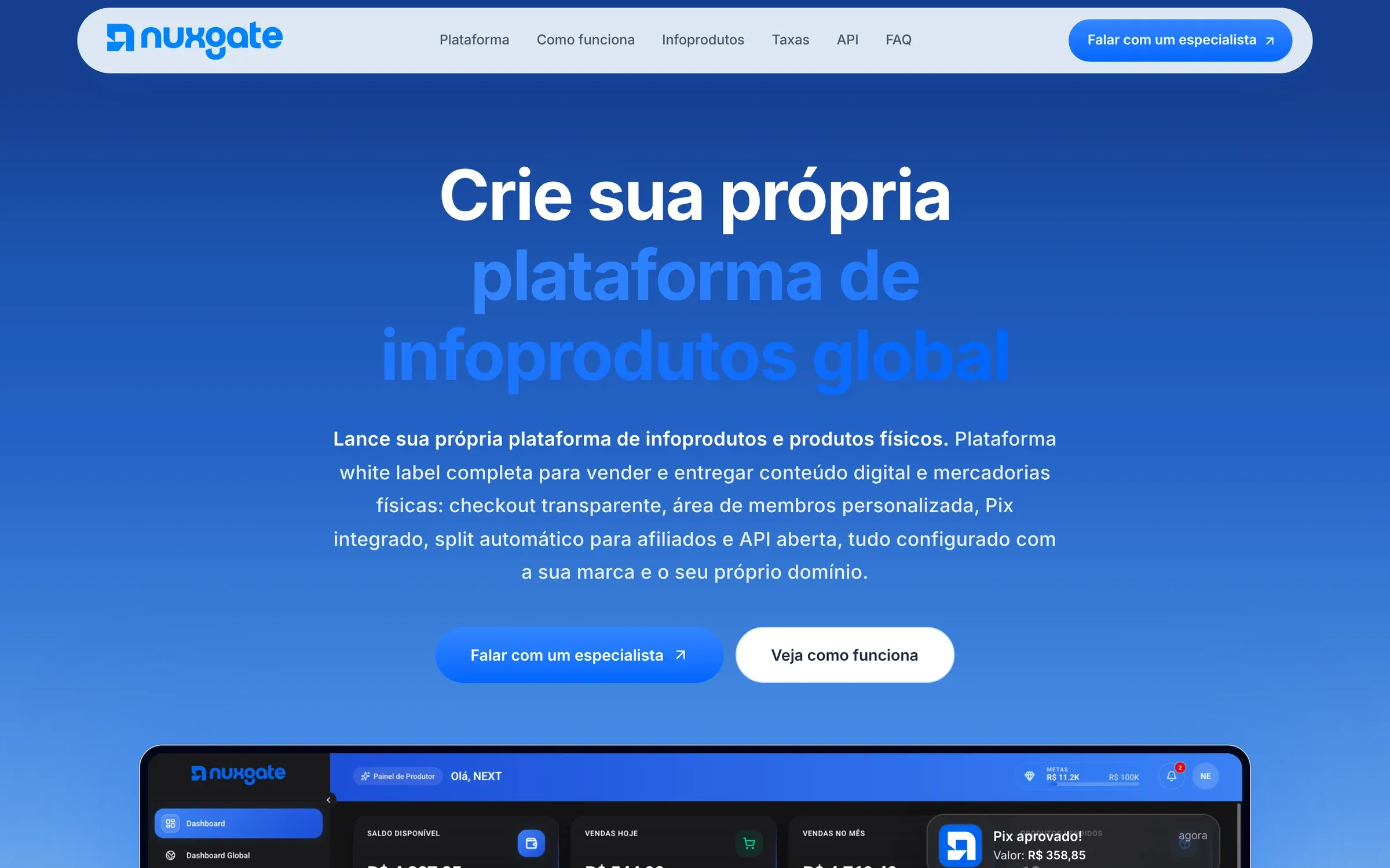 Topo do site da Nuxgate com o título "Crie sua própria plataforma de infoprodutos global", o resumo da plataforma white label e os botões Falar com um especialista e Veja como funciona.