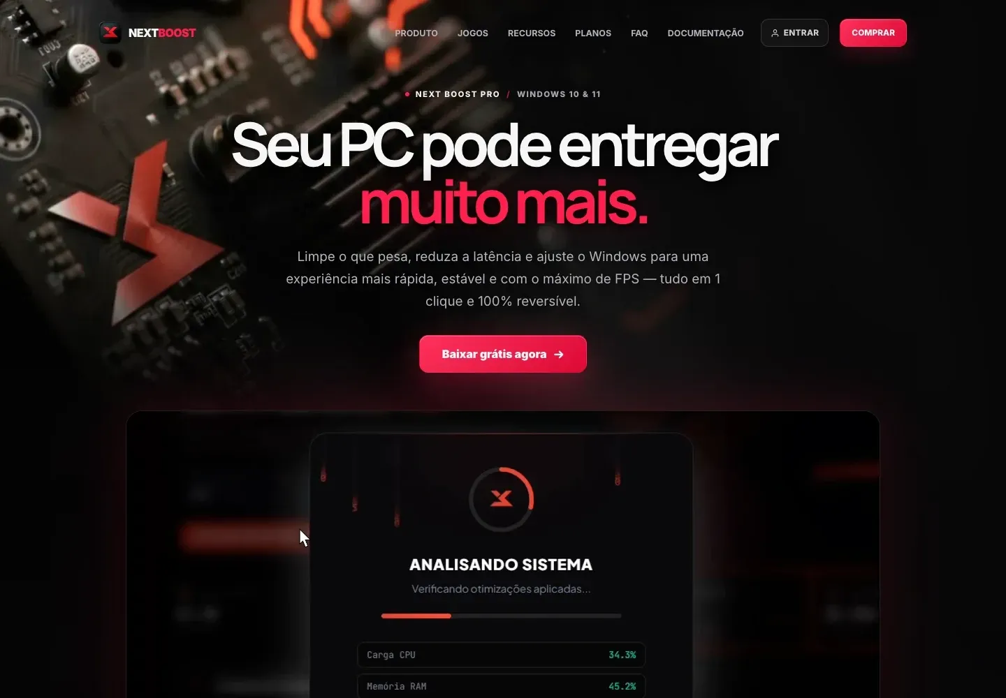 Página inicial de nextboost.pro com o título Seu PC pode entregar muito mais, o botão Baixar grátis agora e, logo abaixo, o app analisando o sistema.