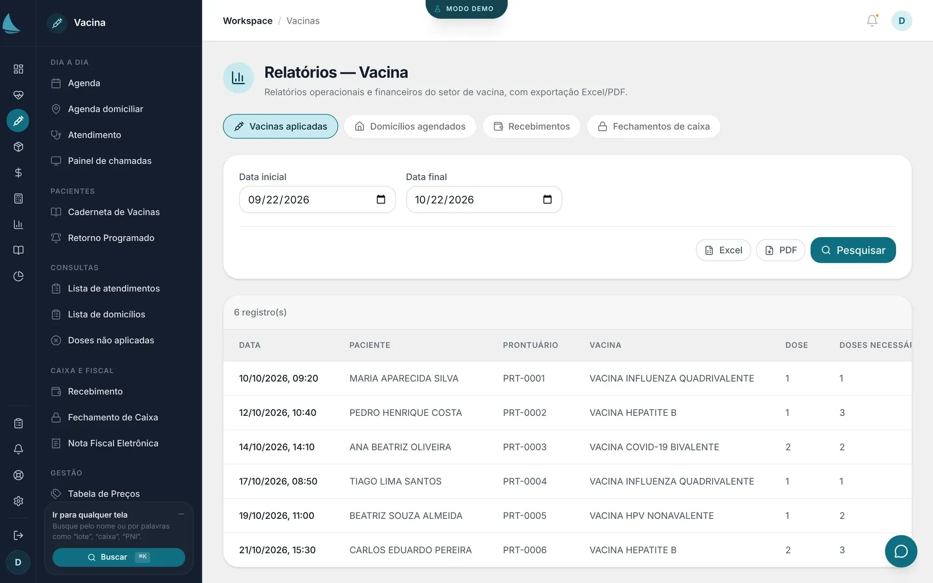 Relatório de vacinas aplicadas no módulo Vacina, com data, paciente, prontuário, vacina, dose aplicada e doses necessárias, e exportação para Excel e PDF.