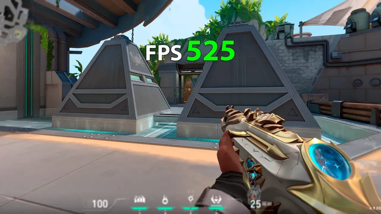 Cena do Valorant na mesma área do mapa, com o contador de quadros marcando 525 FPS, depois do boost.