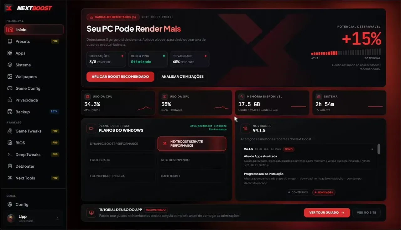 Tela inicial do app Next Boost no Windows, com o aviso de cinco gargalos detectados, o botão Aplicar boost recomendado, o uso de CPU, GPU e memória e a escolha do plano de energia do Windows.