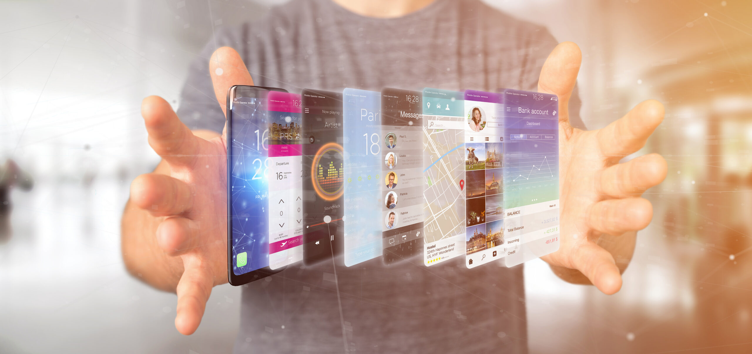 View of a Businessman holding 3d rendering app template on a smartphone